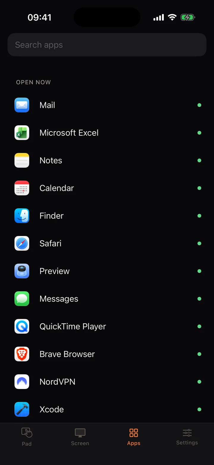 Mouse Plus Apps screen listing the Mac's open apps.