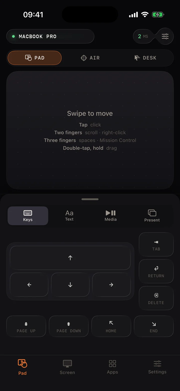 Mouse Plus Keys panel with arrow keys, Tab, Return, Delete, Page Up, Page Down, Home and End.