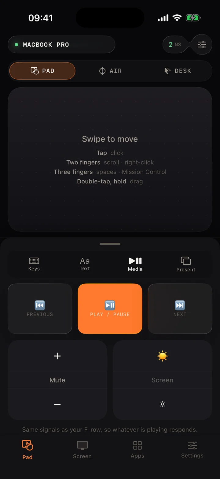 Mouse Plus Media panel with previous, play/pause, next, volume and brightness controls.