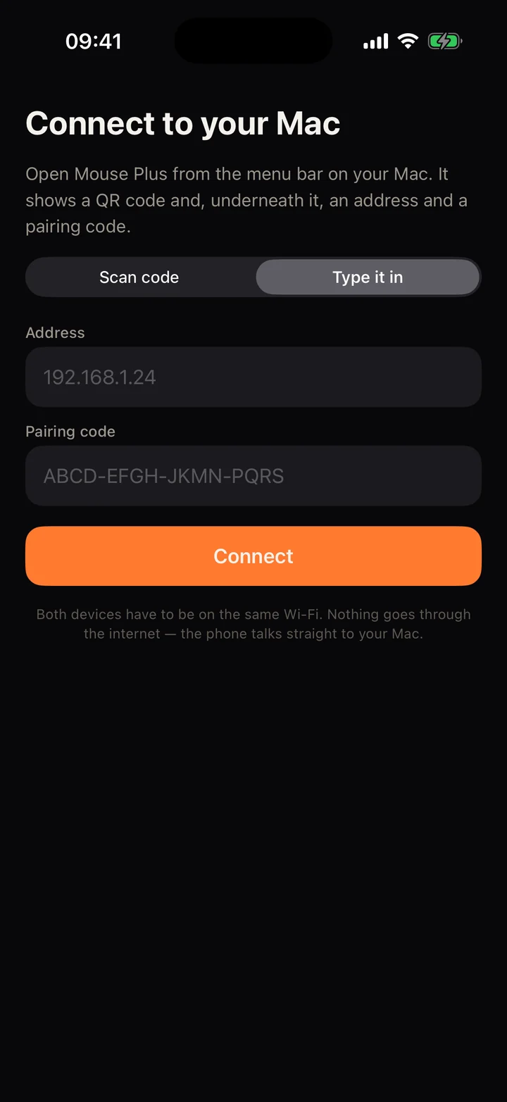 The Mouse Plus pairing screen on iPhone, with address and pairing code fields.