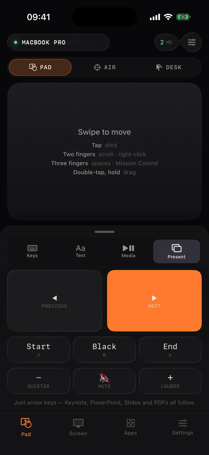 Mouse Plus Present panel with large Previous and Next buttons.