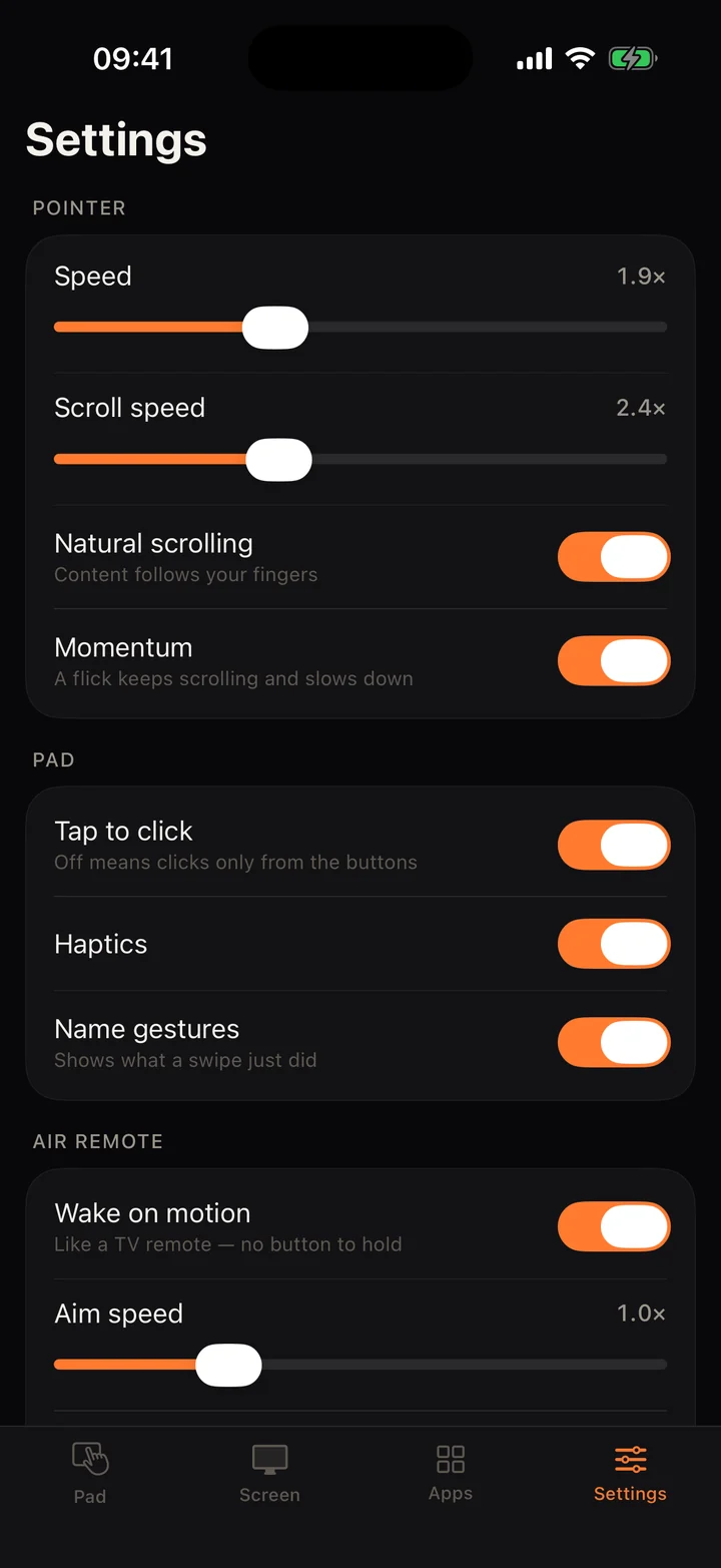 Mouse Plus Settings with pointer speed, scroll speed and toggles.