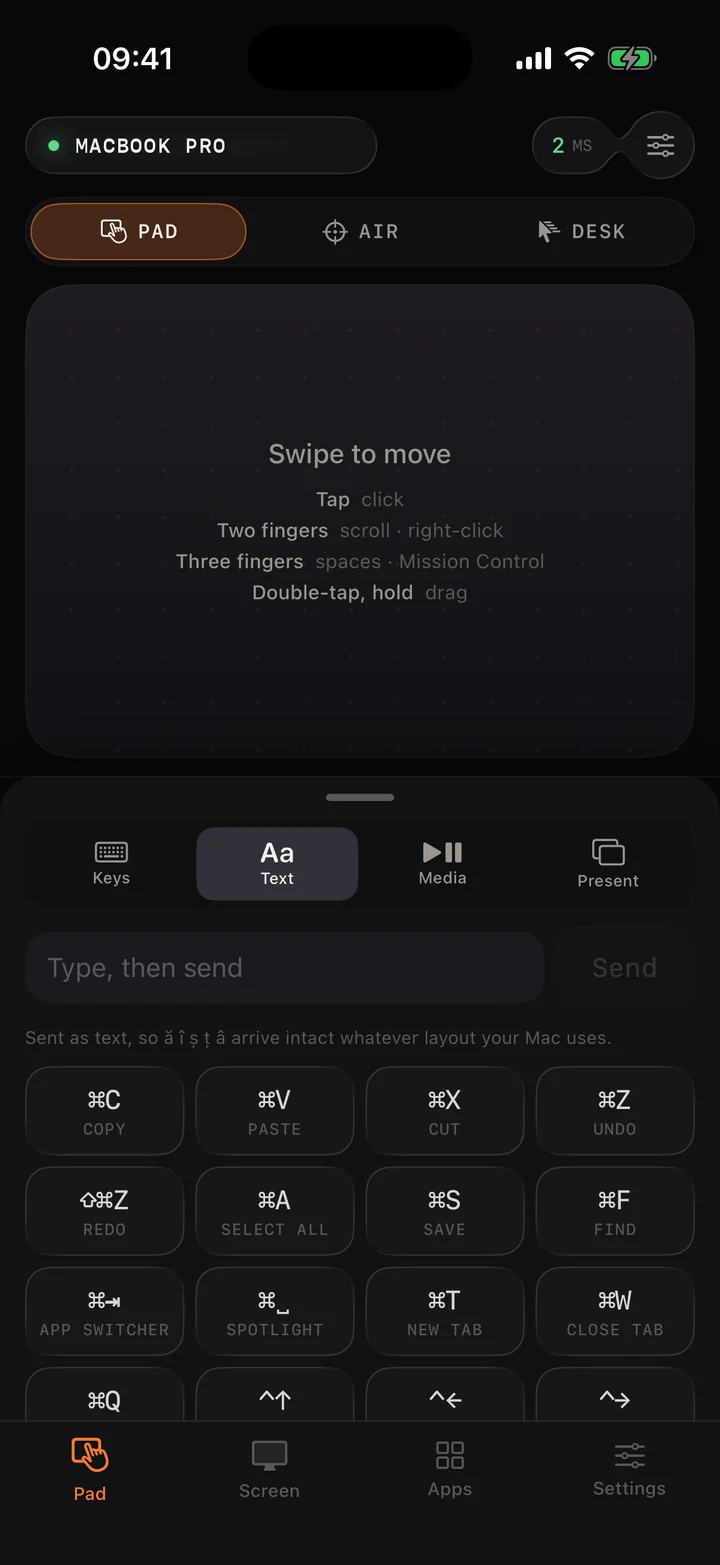 Mouse Plus Text panel with a send field and a grid of Mac shortcuts.